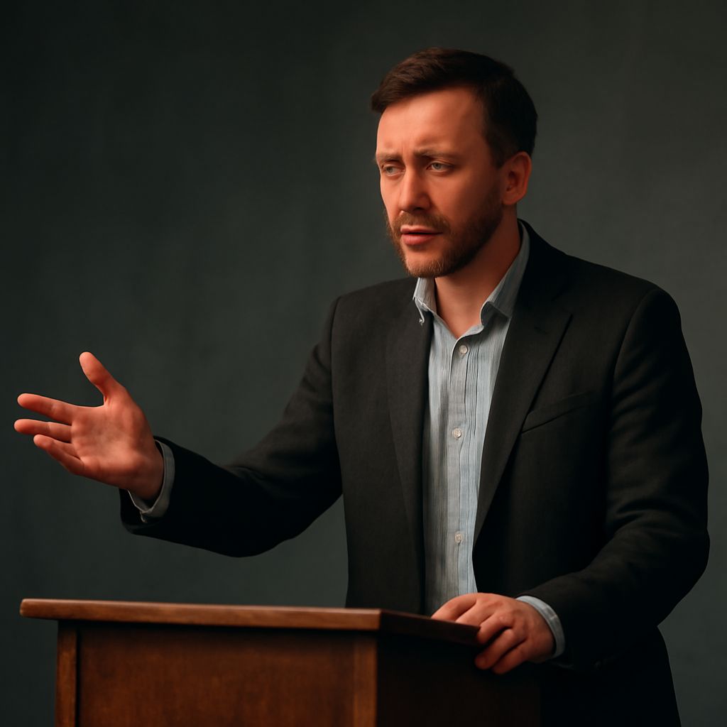 Performer rehearsing a comic monologue for an audition